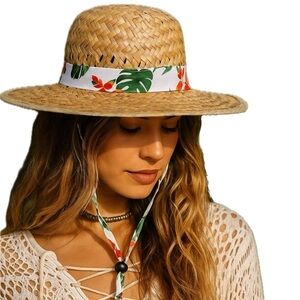 Goldcoast Sunwear Straw Sun Hat Tropical Floral Palm Leaf Band Tan White Green